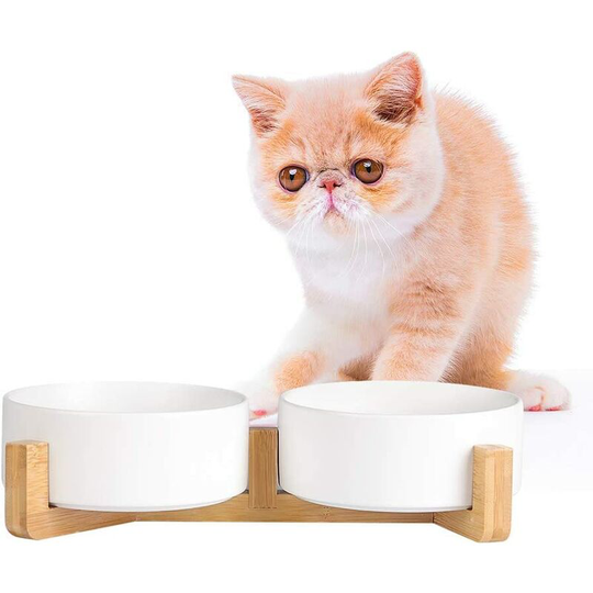 Cat Bowl - Dog Bowl with Wooden Stand - Easy to Clean Ceramic Cat Dog Bowls - Double Cat Puppy Bowl for Food and Water 2 x 480ml