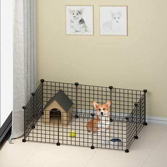 Cage playpen enclosure for pets l 111 x w 74 x h 37 cm rounded edges black metal wire - black