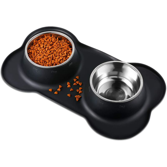 2x400ml Cat Bowl and Dog Double Stainless Steel Bowl Non-Slip Base Anti-Overflow Silicone Mat