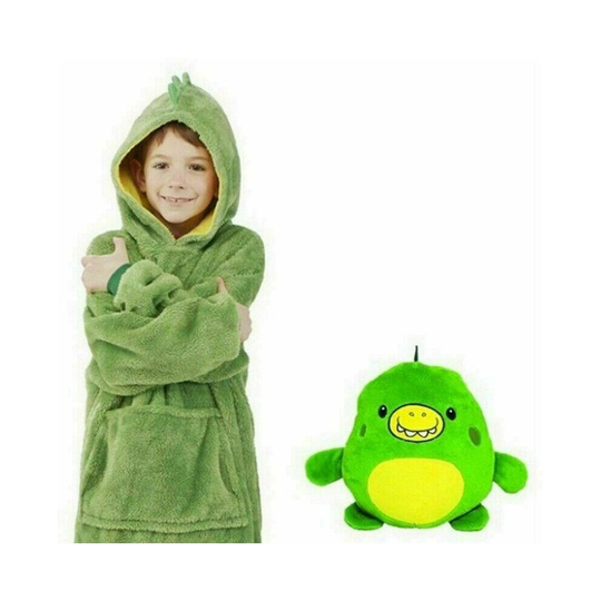 (Green) Kids Blanket Hoodie Fleece Hooded Sweatshirt Oversized Pets Plush Soft Warm Coat Cartoon Pillow