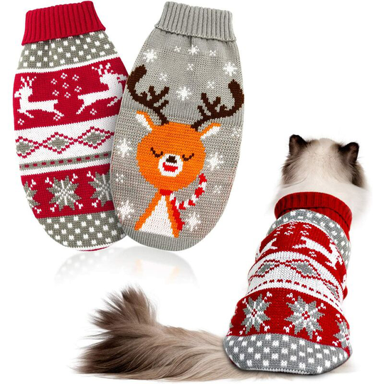 Cat Christmas Sweater 2 Pack - Small Dogs Christmas Sweater Pet Reindeer Snowflake for Kittens and Puppies