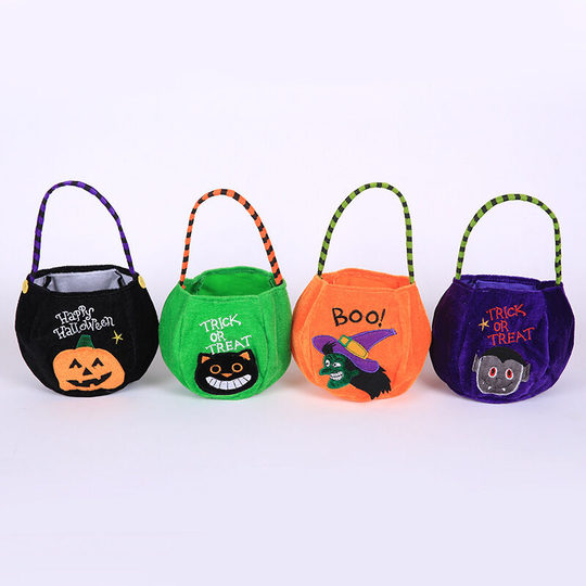 Ilovemilan - 4 Styles Halloween Goody Bags Trick or Treat Candy Bags Velvet Tote Bags Gift Basket for Kids Party Favor, Pumpkin Ghost Black Cat Witch