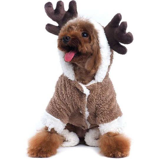 Pet Christmas Reindeer Costume Doggie/Cat Soft Comfy Coral Velvet Pajamas, Pet Warm Winter Hoodies Jumpsuits for Holiday Party(Small)