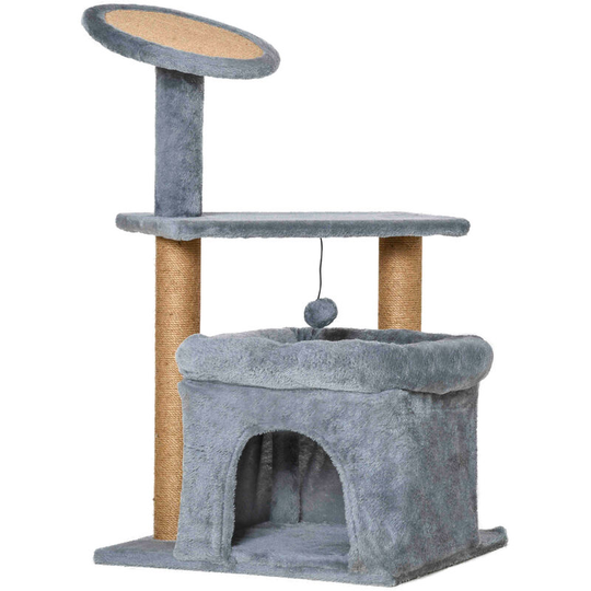 Cat Tree Tower w/ Scratching Posts Pad Condo Perch Bed Ball Kitten Toy - Grey - Pawhut