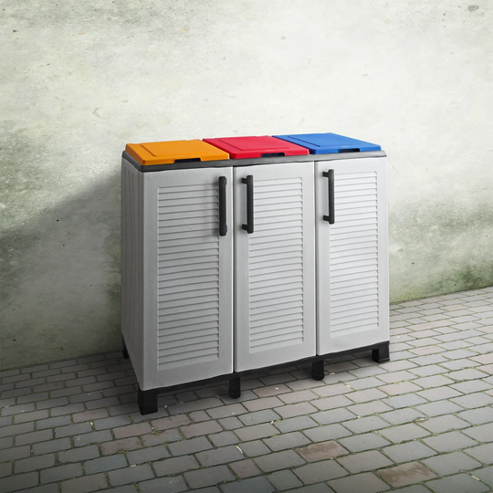 Indoor Or Outdoor Litter Cabinet, 3-Door 3-Door Sack Cabinet, 100% Made In Italy, 102X37h90 Cm, Light Gray Color And Colored Lids
