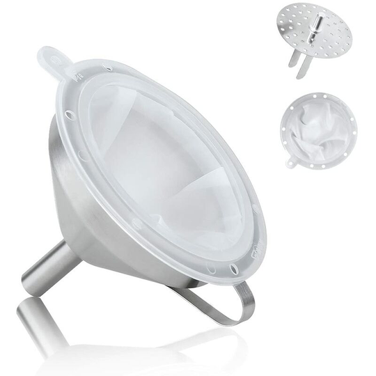 Perle Rare - 5 Inch Stainless Steel Funnel and 300 Mesh Filter + 1 Removable Strainer, Funnel with Handle for Transferring Liquid Ingredients,