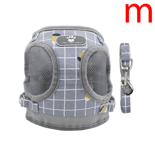 (Gray grid, M) Puppy Dog Cat Harness Walking Leads Set Pet Supplies Reflective Vest