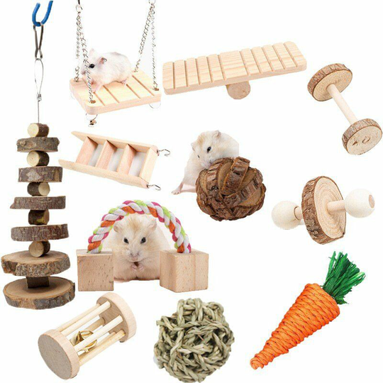 Perle Rare - Hamster Chew Toys Set of 11 Natural Wooden Chew Small Animals Exercise Bell Roller Teeth Care Molar Toy Hamster Guinea Pig Chinchilla