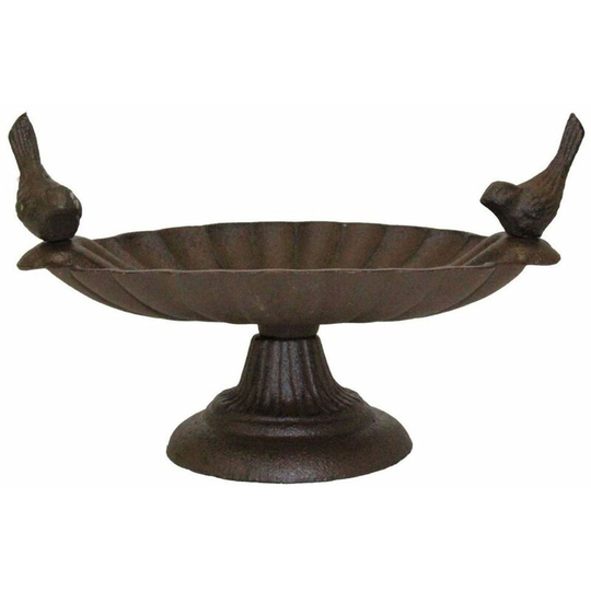 Homescapes - Brown Decorative Birds Scalloped Oval Bird Bath Cast Iron - Brown
