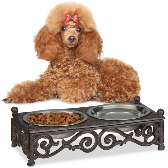 Relaxdays - Antique-Style Dog Bowl Set, Small Dogs, Cast Iron, Double Stainless Steel Trays, 250 ml, Brown