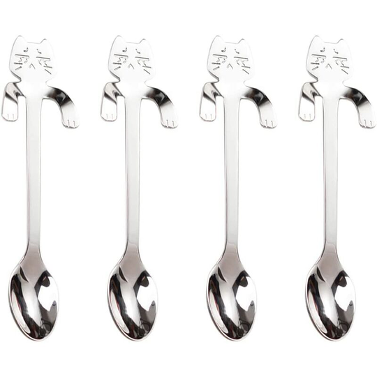 4 Pieces Stainless Steel Cute and Delicate Cat Design Spoon Coffee Dessert Fruit Spoon Creative Kitten Handle Can Hang Mixing Spoon Multi-Purpose