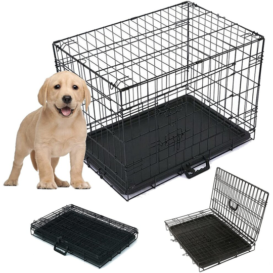 (Black) Dog crate lockable dog puppy cage foldable dog crate with plastic tray