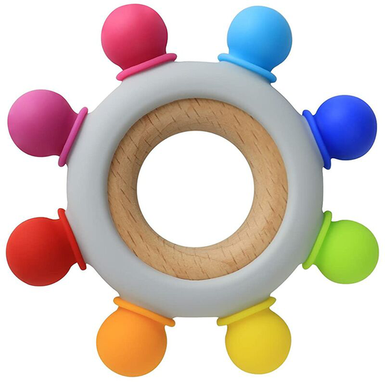 Baby Teething Toys Silicone Teethers bpa Free Silicone Rudder with Wooden Ring Soothe Babies Gums (8 Directions - Rainbow)
