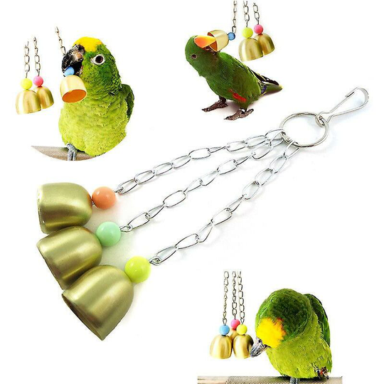 Safe, non-toxic bird toy for large, medium and small parrots with three string copper bell stand