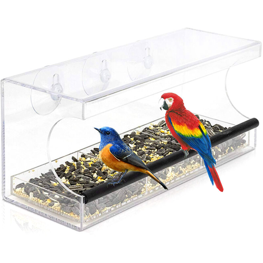 Lifcausal - Clear Acrylic Window Bird Feeder with 3 Suction Cups & Drain Holes High Feed Capacity Outside Birdhouse for Close Up View Outdoors Wild