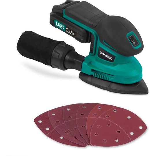 Vonroc - Mouse sander - VPower 20V - Incl. 2.0Ah battery and quick charger - Incl. dust bag and 6 sanding papers