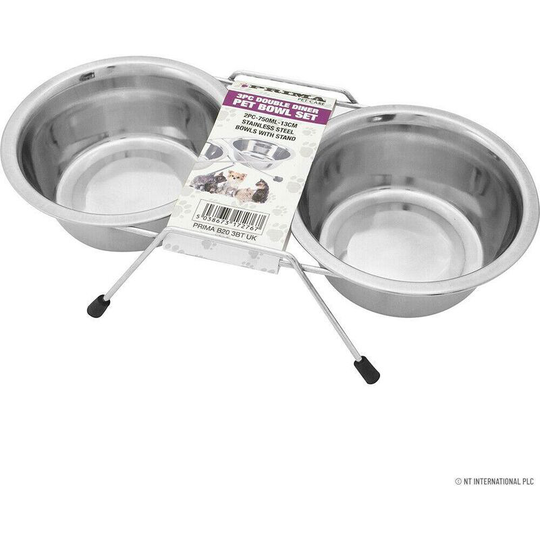 3Pc Large Double Pet Diner Bowl Set Stainless Steel Raised Stand Cats Dog Feeder