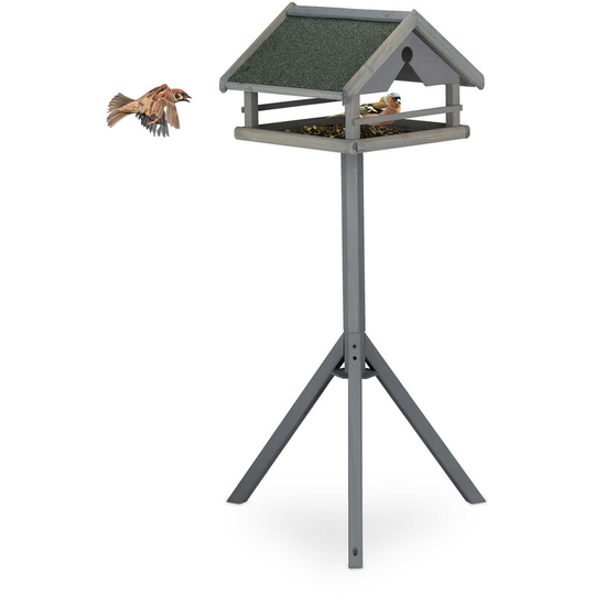 Relaxdays Free-Standing Birdhouse, Bird Feeder Table, HxWxD: 120 x 62 x 55 cm, Weatherproof Roof, Wood, Grey