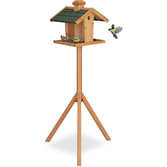Free-Standing Bird Table, Birdhouse with Feeder, HxWxD: 137x68x55 cm, Weatherproof Roof, Wood, Natural/Green - Relaxdays