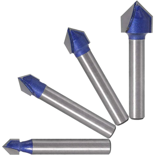 4 pieces 6.35 mm Shank 90 ° V Groove Woodworking Router Bits 6.35 mm, 7.94 mm, 9.52 mm, 12.7 mm Nut Cutter V-Shaped Bits, Blue Wood Cutting Tool