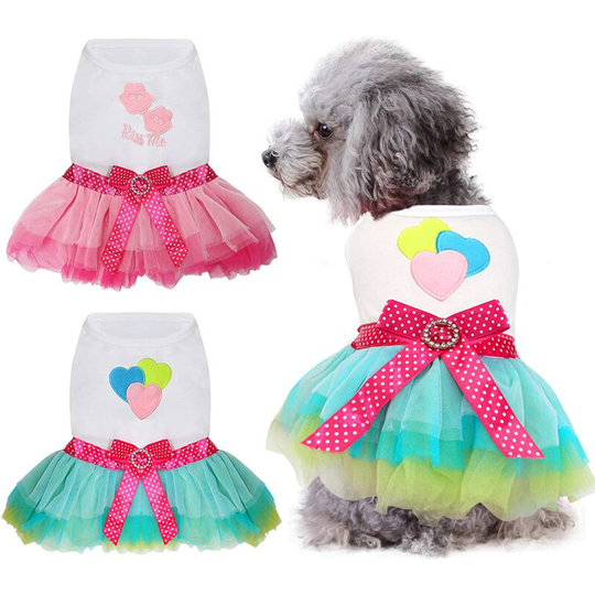 Little Dog Dress Cute 2 Piece Princess Tutu Dress with Heart and Lips Pattern Puppy Dress, Suitable for Girls, Small Dogs, Pink and Blue, L.
