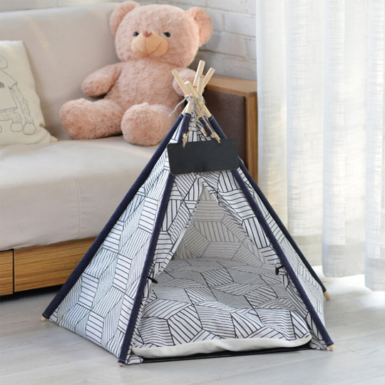 (Black) Large Pet Teepee Bed Cat/Kitten/Dog/Puppy Play Tent Foldable House Cushion Mat