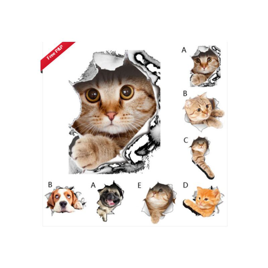 Cat Dog Vivid View 3D Broken Wall Sticker Bathroom Toilet Kitchen Home Decal mh (d)
