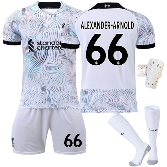 Liverpool Away All White Soccer Jersey Set No. 66 With Socks+Protective Equipment, Children's Size 22