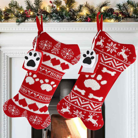 2Pcs Dog Christmas Stockings, Red Knitted Dog
