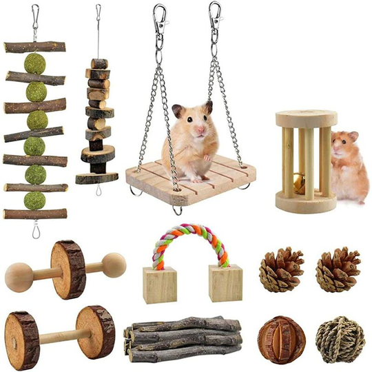 12 Pack Hamster Toys for Russian Dwarf Hamsters, Natural Wooden Hamster Toys Syrian Chew Pet Chew Ball Toy Accessories