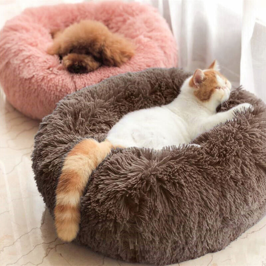 80CM Round Faux Fur Fluffy Shaggy Sheepskin Pet Bed, Khaki - Livingandhome
