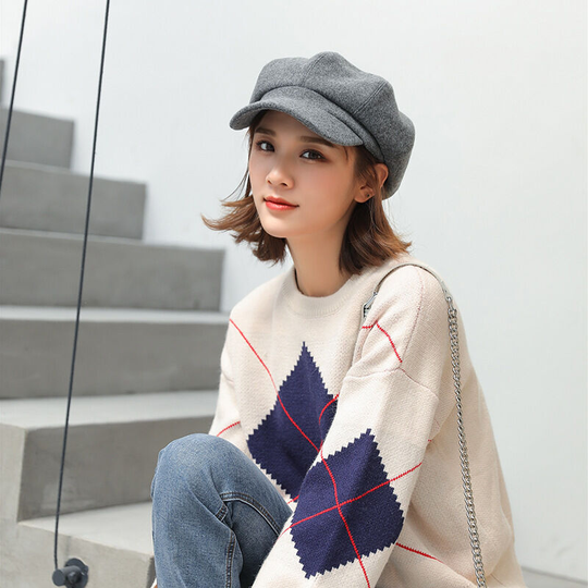 Versatile artist hat Autumn and winter England vintage duck tongue beret hat (gray)