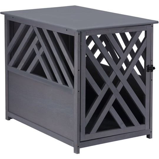 Wooden Dog Crate Medium Cage Side Table with Lockable Door, Grey - Grey - Pawhut