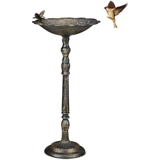 Relaxdays Bird Bath, Standing, Water Bowl, Frost-Proof, H x W x D: 74.5 x 37.5 x 35 cm, Cast-Iron, Bronze
