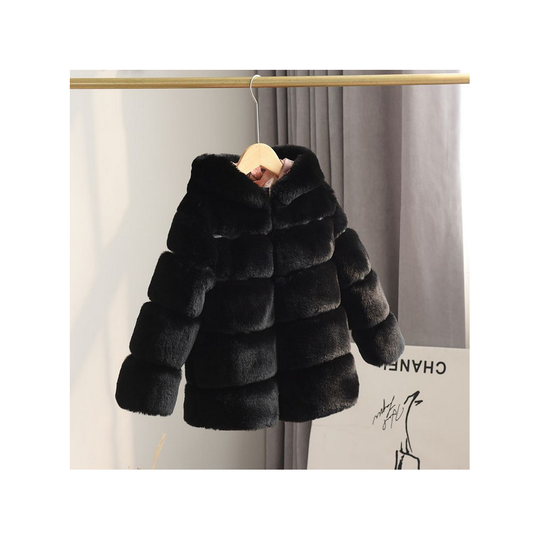 (Black , 8-9 Years) Kids Girl Rex Rabbit Fur Coat Padded Winter Jacket