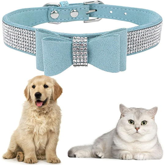 Adjustable Dog and Cat Collar with Double Layer Rhinestone Microfiber Bow Tie for Puppies and Small and Medium Cats, Blue, Size S