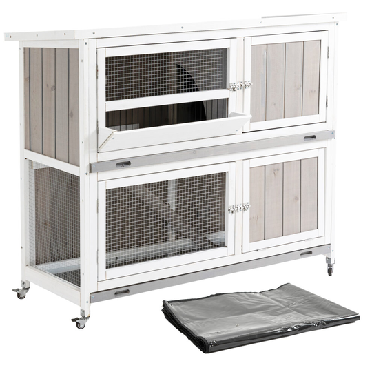 PawHut Two-Tier Wooden Rabbit Hutch w/ Wheels, Trough, Rain Cover