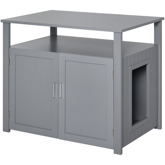 Pawhut - Wood Cat Litter Box Enclosure Furniture w/ Adjustable Interior Wall Grey - Grey