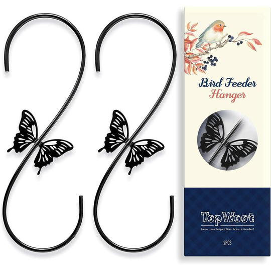 2 Pack Metal Bird Feeder Hooks With Butterfly Pattern - For Hanging Bird Feeder, Chime, Lantern - Black