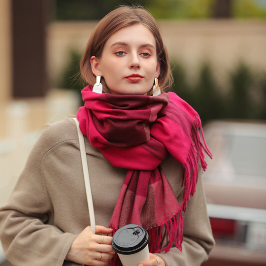 Scarf New Autumn and Winter Thickened Warm keeping Cashmere like Scarf Plaid Print Autumn and Winter Neckband Girl, Rose
