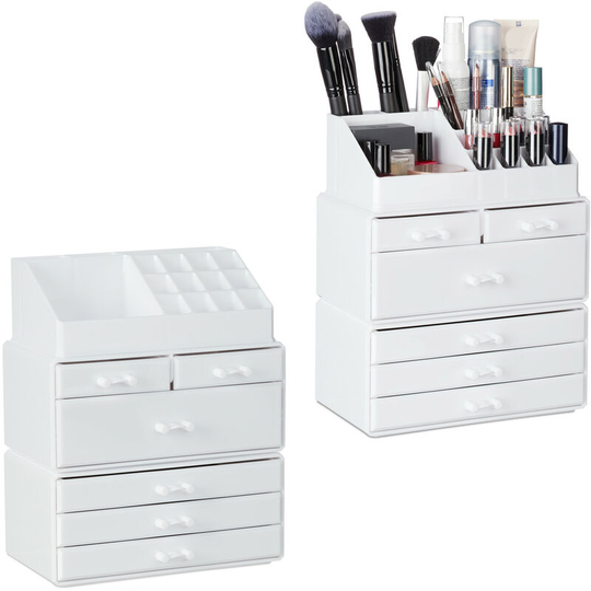 Relaxdays - Set of 2 Organiser with 6 Drawers, 22 Compartments for Makeup Storage, Acrylic Cosmetic Tower, White