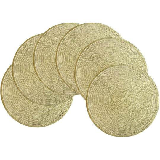 Set of 6 Heat Resistant Braided Placemat, Round Gold Placemat