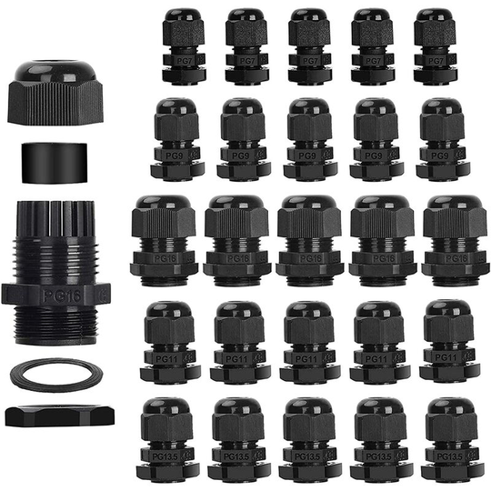 25pcs Cable Glands Waterproof Bolatus PG7 PG9 PG11 PG13.5 PG16 Lock Nut Adjustable Cable Gland 3-15mm Plastic Waterproof Cable Connectors