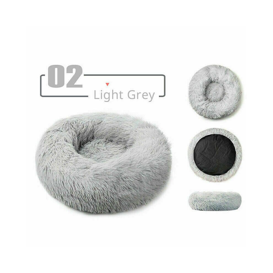 (Medium 50CM) (Light Grey, M,L,XL) Washable Calming Comfy Donut Style Plush Cat Dog Pet Bed