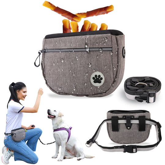 Dog Treat Bag - Waterproof - With Poop Bag Dispenser - For Dog Training and Food Storage (Grey Footprint Pattern)