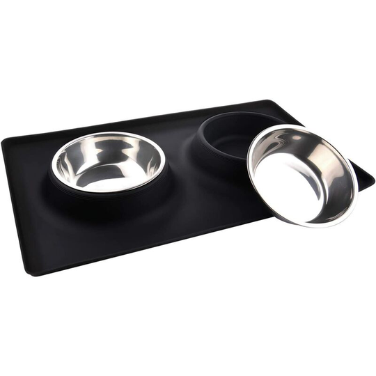 Feeder for dogs and cats 2 stainless steel bowls of 400 ml Anti-spill non-slip base and anti-spill silicone mat