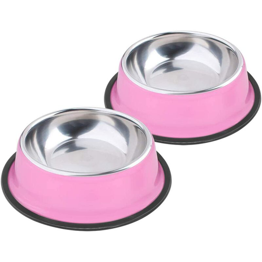 Set of 2 Pink Stainless Steel Bowl with Non-Slip Rubber Base for Small Dogs and Cats (200ML)