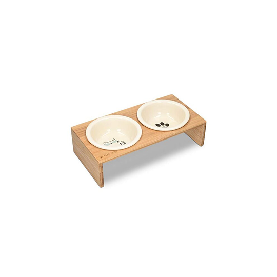 Navaris Ceramic Cat Bowls with Stand - Raised Food and Water Bowl Set for Cats on Elevated Wooden Riser - Eco-Friendly Cat and Paw Design - 2 Bow