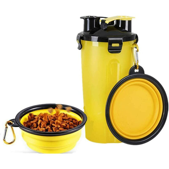 Travel Bowls, Dog Water Bottle, Portable Travel Bottle Dog And Cat Pet Yellow Single Cup + Double Bowl