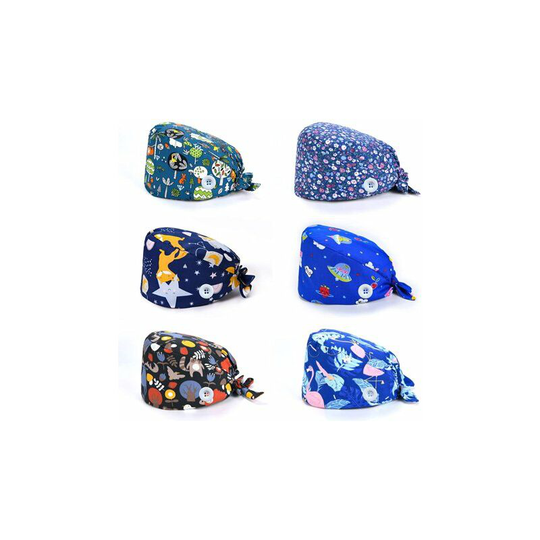 6 Pieces Scrub Caps with Button and Cotton Sweatband Bouffant Printed Scrub Hat for Women and Men (Mixed Style), Medium